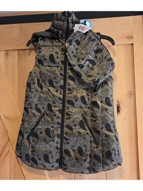 New! MY ANORAK Size S Quilted Down Hooded Vest Full Zip Mushroom Paisley w Bag